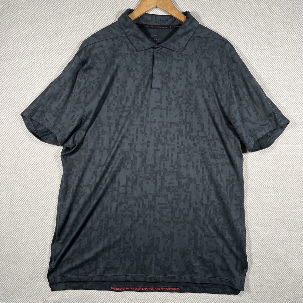 Nike Polo Shirt Mens L Gray Black Camo Tiger Woods ADV Golf Performance Snap Geo